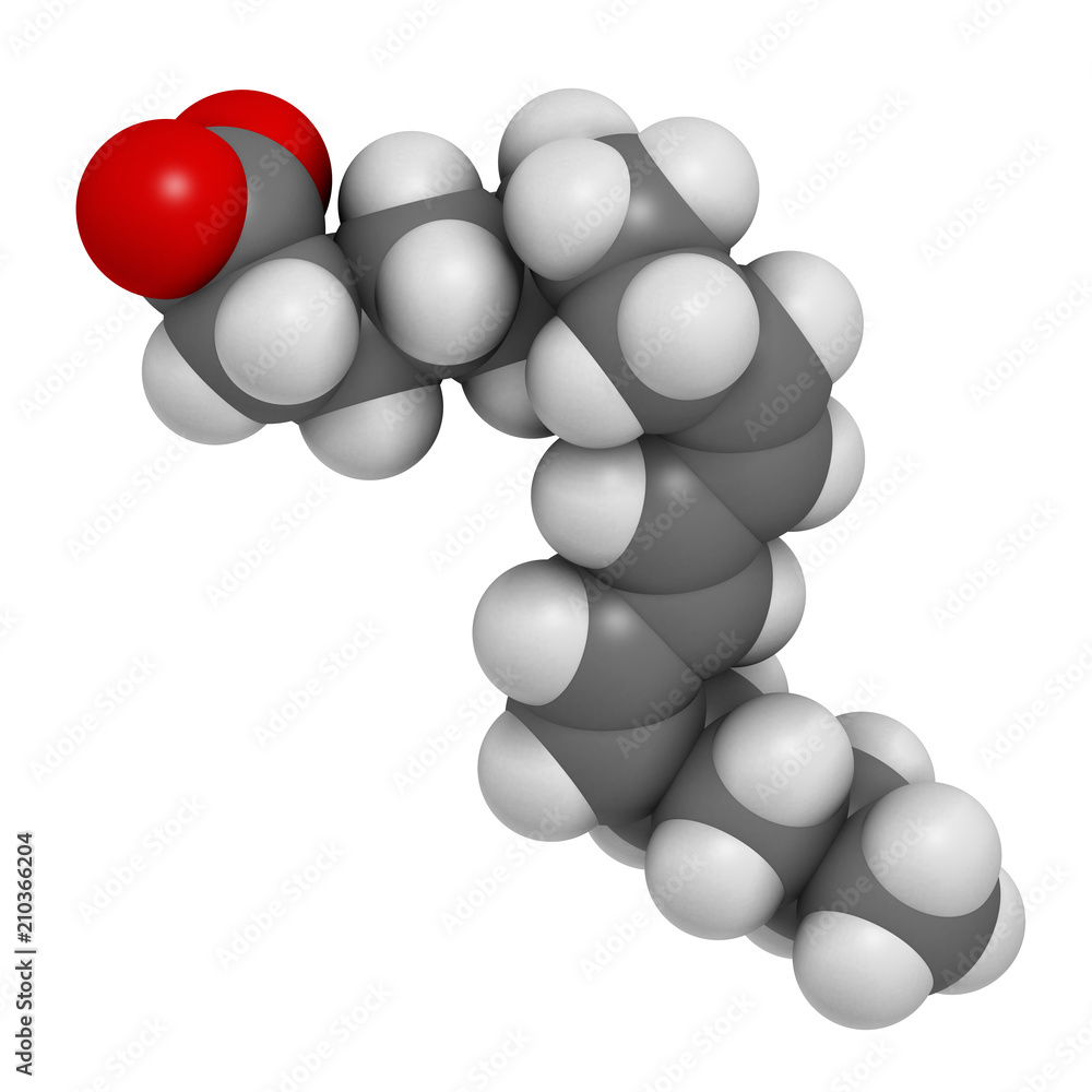 Punicic acid (trichosanic acid) molecule. Fatty acid present in pomegranate (Punica granatum). 3D rendering. Atoms are represented as spheres with conventional color coding: hydrogen (white), etc Punicic acid (trichosanic acid) molecule. Fatty acid present in pomegranate (Punica granatum). 3D rendering. Atoms are represented as spheres with conventional color coding: hydrogen (white), etc