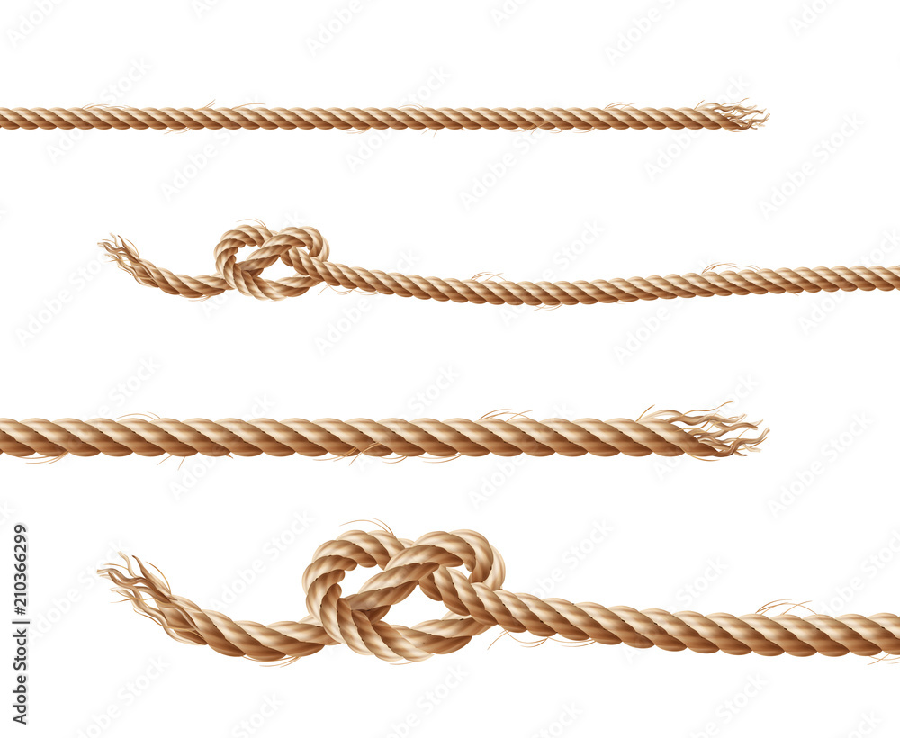 Vector set of realistic brown ropes, jute or hemp twisted cords