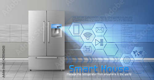 Vector concept of smart house , iot, wireless digital technologies to manage and control household appliances from anywhere. Background with refrigerator and blue virtual interface with icons