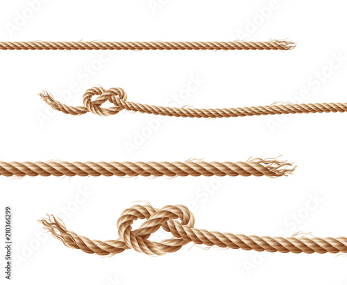 Vector set of realistic brown ropes, jute or hemp twisted cords with loops and knots, isolated on white background. Clipart of various twines, decorative elements for borders and frames