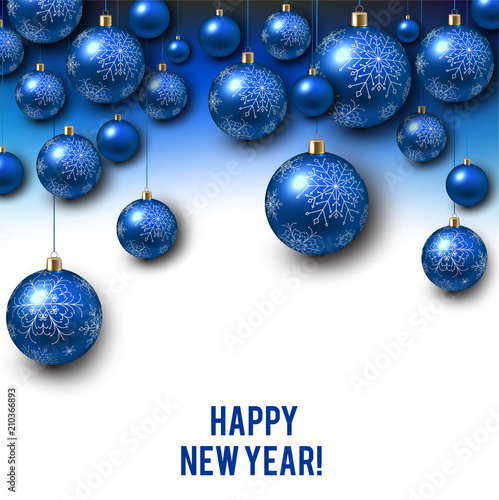 Christmas background with Blue christmas balls and snow for xmas design. Vector illustration.