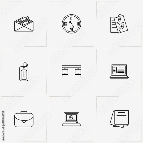 Office line icon set with wall watch , table with drawers and case