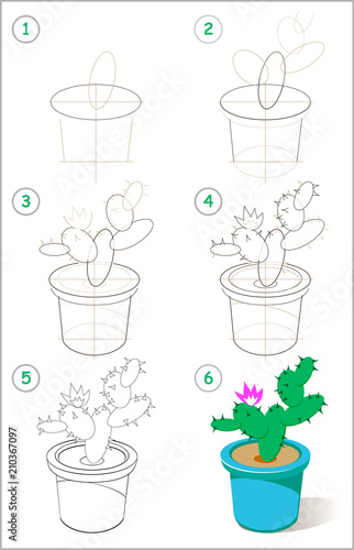 Page shows how to learn step by step to draw flowering cactus in a flowerpot. Developing children skills for drawing and coloring. Vector image.