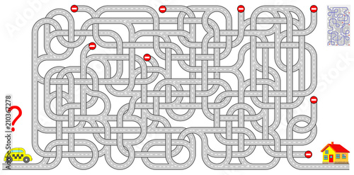 Logic puzzle game with labyrinth for children and adults. Help the taxi driver find the way to the house. Vector cartoon image.