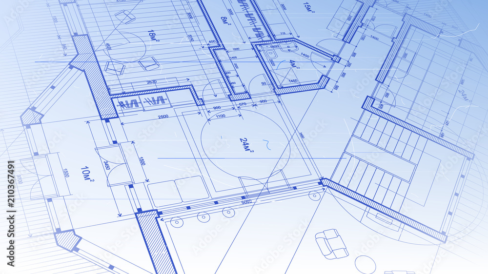 architectural blueprint - the architectural plan of a modern residential building with the layout of the interiors of different rooms, elements of furniture & equipment on a technological background architectural blueprint - the architectural plan of a modern residential building with the layout of the interiors of different rooms, elements of furniture & equipment on a technological background