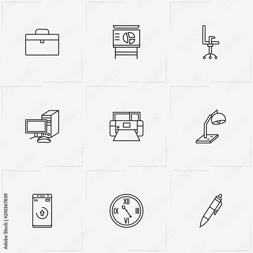Office line icon set with wall watch , case and office xerox Office line icon set with wall watch , case and office xerox