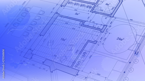 architectural blueprint - the architectural plan of a modern residential building with the layout of the interiors of different rooms  elements of furniture   equipment on a  technological background
