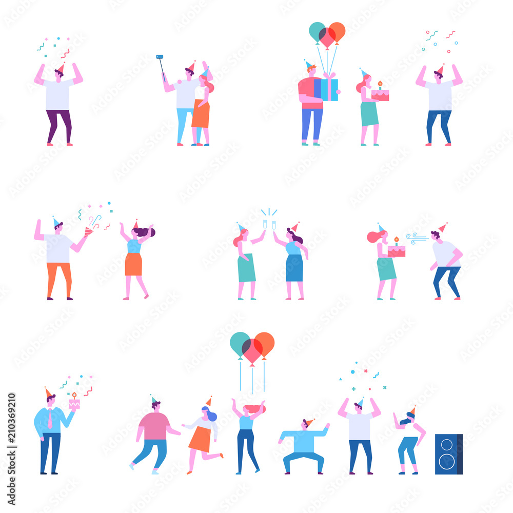Birthday party. Different people celebrating and having fun. Flat vector illustration. Birthday party. Different people celebrating and having fun. Flat vector illustration.
