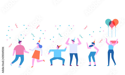 Birthday party. People celebrating, having fun and dancing. Flat vector illustration. 