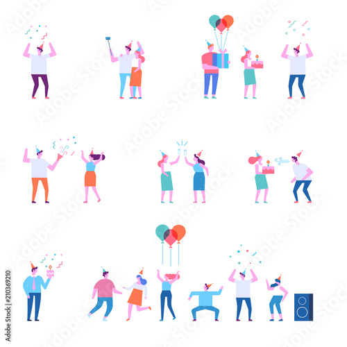 Birthday party. Different people celebrating and having fun. Flat vector illustration. 