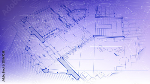 architectural blueprint - the architectural plan of a modern residential building with the layout of the interiors of different rooms, elements of furniture & equipment on a technological background