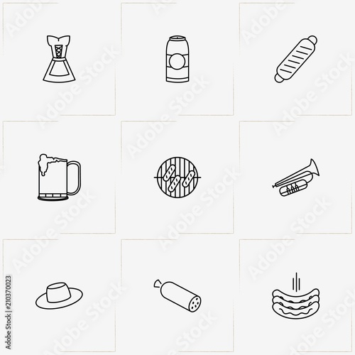 Oktoberfest line icon set with hot dog, dirndl  and beer