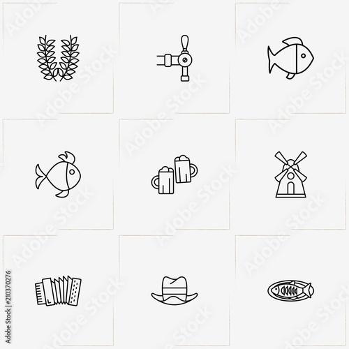 Oktoberfest line icon set with harmonic , fish and beer tap