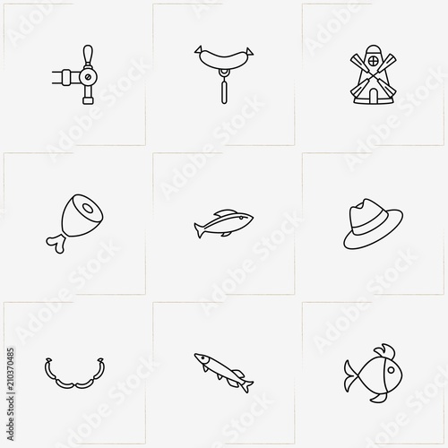 Oktoberfest line icon set with sausages bunch , sausage and beer tap