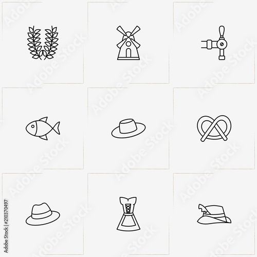 Oktoberfest line icon set with hat, beer tap  and dirndl