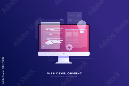 Concept of development and software. Monitor with program code on screen and open web pages. Digital industry. Innovations and technologies. Vector flat illustration.