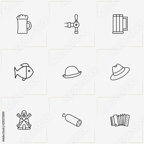 Oktoberfest line icon set with harmonic , beer tap  and mill
