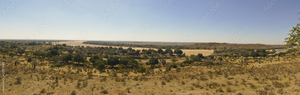 Limpopo river crossing the desert landscape of Mapungubwe National Park, travel destination in South Africa. Braided Acacia and huge Baobab trees with red sandstone cliffs Limpopo river crossing the desert landscape of Mapungubwe National Park, travel destination in South Africa. Braided Acacia and huge Baobab trees with red sandstone cliffs
