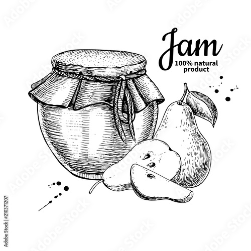 Pear jam glass jar vector drawing.  Fruit Jelly and marmalade.  