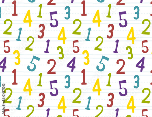 Counting seamless pattern. Hand lettered. Repeating pattern for baby shower paper, gift wrap, apparel, scrapbooking, backgrounds and more. Simple, colorful numbers. Blue, red, yellow, green, purple.