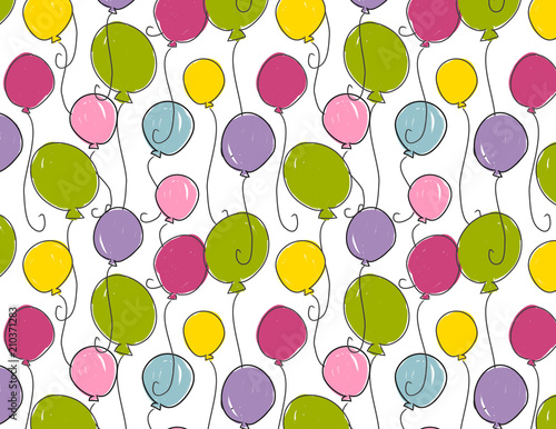Colorful balloon seamless pattern. Pink, purple, green, yellow, blue balloon repeating pattern for gift wrap, birthday, cards, invitations, gift bags, decorations and more. Cute, simple kids print.