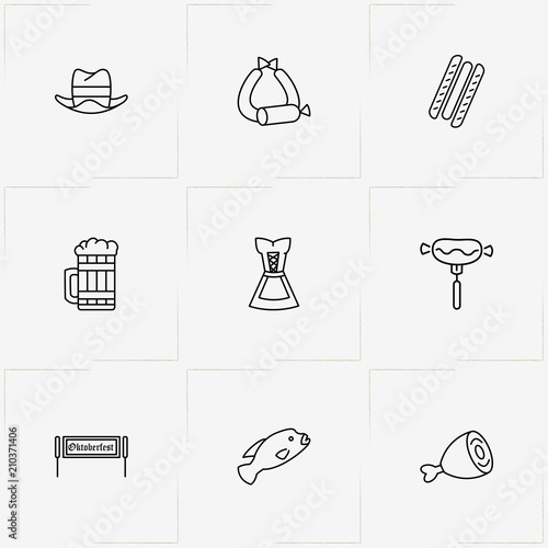 Oktoberfest line icon set with banner board, sausages and sausage