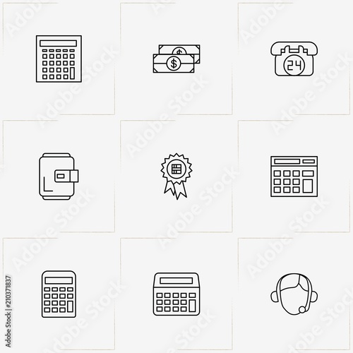 Online Shopping line icon set with twenty four hours call , calculator and wallet
