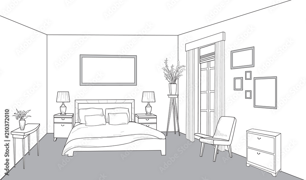 Fototapeta premium Bedroom furniture. Interior outline sketch. Vintage style bed room decor