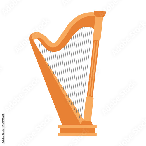 Wooden harp on white background. Classical string musical instrument. Cute flat cartoon style. Harp icon. Vector illustration