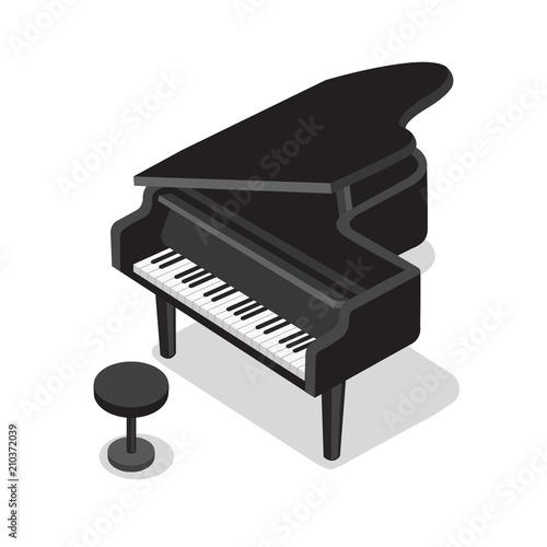 Black piano and black stool on white background. Classical piano musical instrument. Cute flat cartoon style. Vector piano illustration