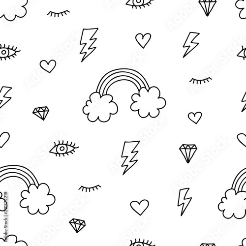 Cute seamless pattern of hand drawn doodle elements on white background. Rainbow, eyes, lightnings, hearts, clouds, diamonds pattern. Vector illustration