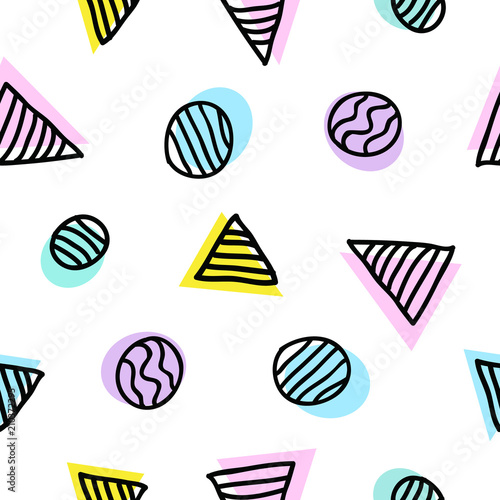 Seamless abstract pattern with doodle hand drawn geometric shapes on white background. Triangle and circle doodle pattern for textile manufacturing wallpaper posters etc. Vector illustration