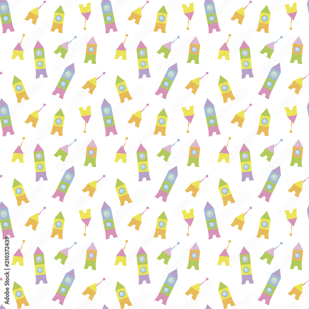 space rockets and satellites multicolored from children's playful cheerful bright cubes on a white background light vector seamless pattern