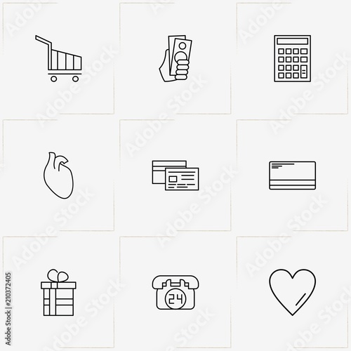 Online Shopping line icon set with internet trolley , twenty four hours call  and calculator