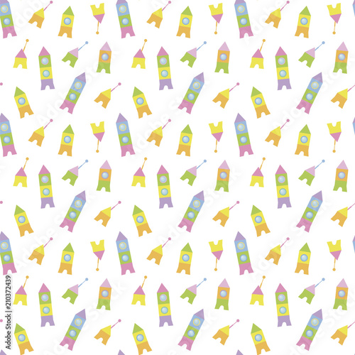 space rockets and satellites multicolored from children's playful cheerful bright cubes on a white background light vector seamless pattern