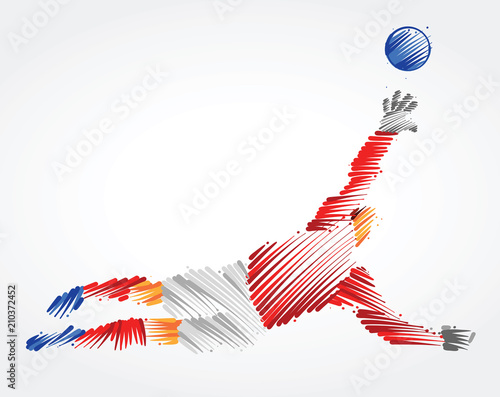 Goalkeeper jumping to catch the ball made of colorful brushstrokes on light background