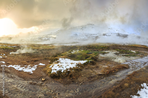 Geothermal landscape Strokkur Geysir, Iceland in Winter