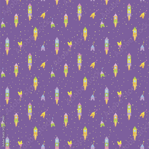 space rockets and satellites multicolored from children's playful cheerful bright cubes on a bright violet background with small stars vector seamless pattern