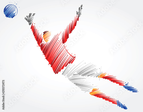 Goalkeeper trying to catch the ball made of colorful brushstrokes on light background