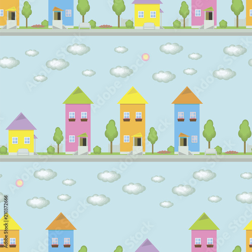 small multicolored houses with windows on a blue background of a street with green trees bushes benches flower boxes with flowers on the windows, bright colors vector seamless pattern