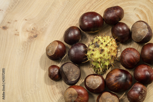 Group of chestnuts in a wooden background