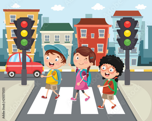 Vector Illustration Of Kids Walking Across Crosswalk