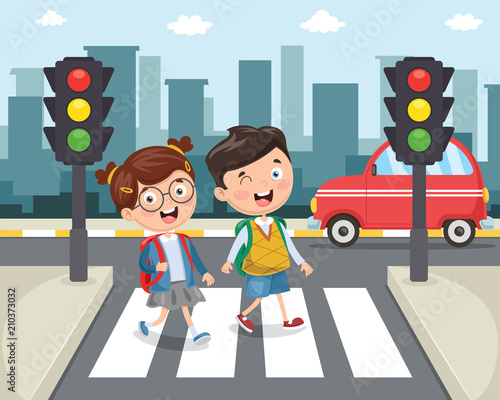 Vector Illustration Of Kids Walking Across Crosswalk