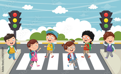 Vector Illustration Of Kids Walking Across Crosswalk