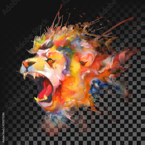 Watercolor painting. Roaring lion. Transparent on dark background