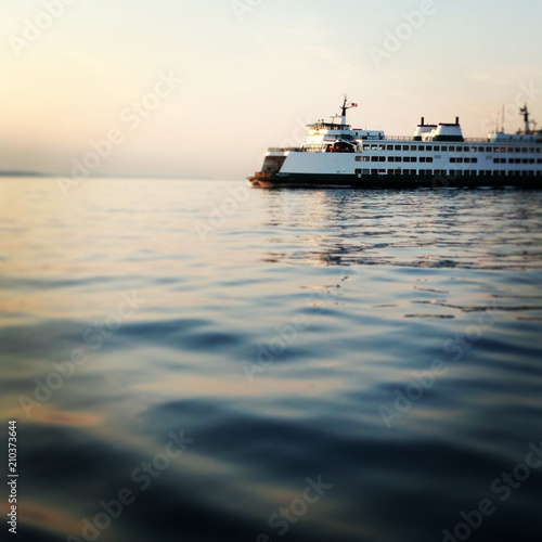 Ferry boat at sunset, shallow depth of field