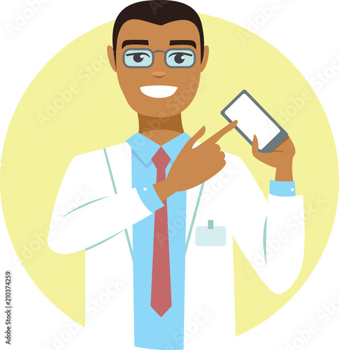 Young doctor pointing on smartphone
