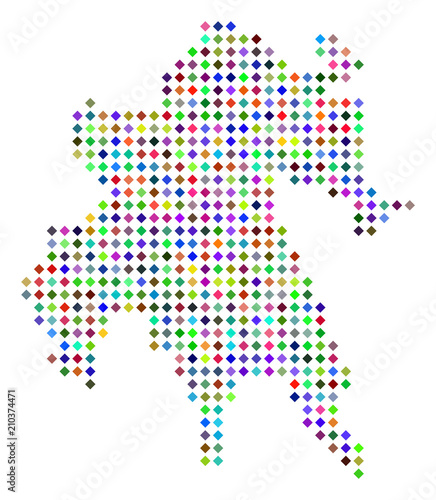 Multicolored dot Peloponnese Peninsula map. Vector abstraction of Peloponnese Peninsula map organized of rhombus elements pattern. Abstract geographic pixelated scheme in randomized colors.