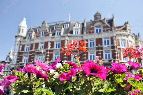 historical and tourist center of Amsterdam, the promenade on the background of flowers and the bridge © ESENIY