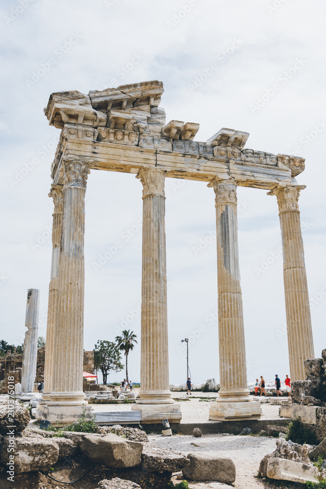 Apollo Temple Side, Turkey. Mediterranean paradise. Turkish riviera. Ruins on the beach. Historical monument.Ancient Greek City.Antalya Province. Pamphylia.Antique church.